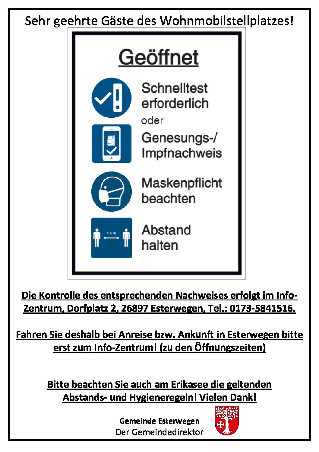 Abstand und Hygieneregeln Wohnmobilstellplatz 2021