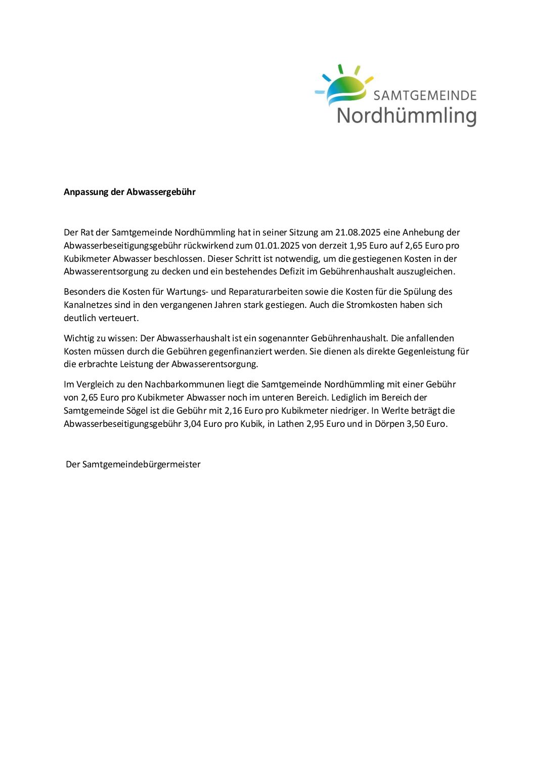 Informationsschreiben Anpassung der Abwassergebühr